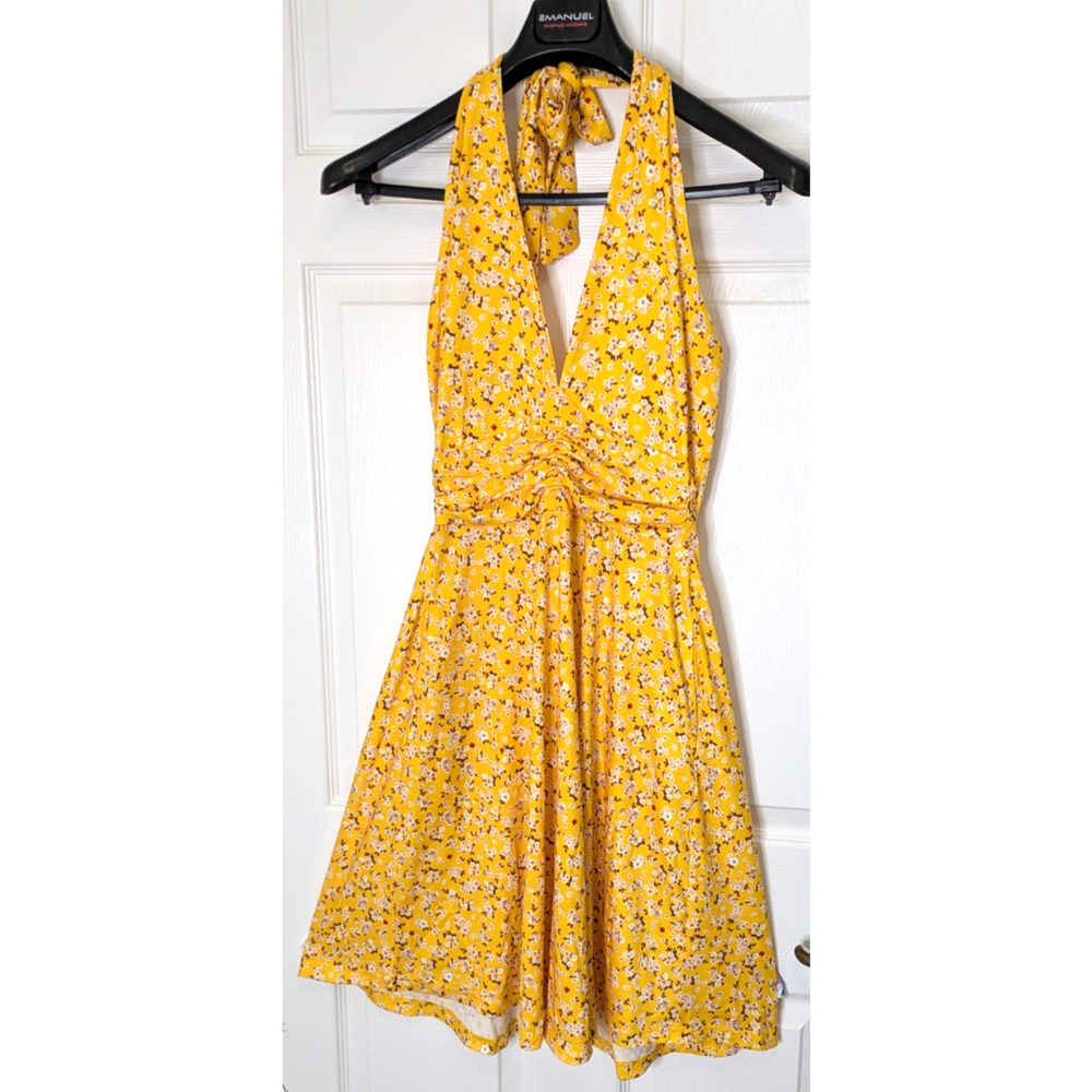 Womens Halter Sun Dress Yellow Small Floral Elastic Waist Ruched Front
